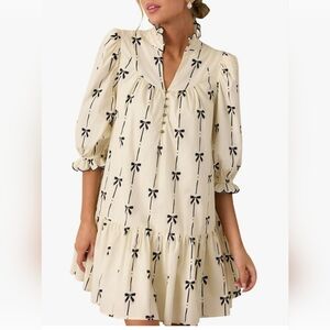 Coquette Bow Print Babydoll Mini Dress Cream Black Puff Sleeve Pockets Size M